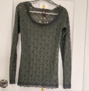 Free People Lace Long Sleeve Top in Forest Green